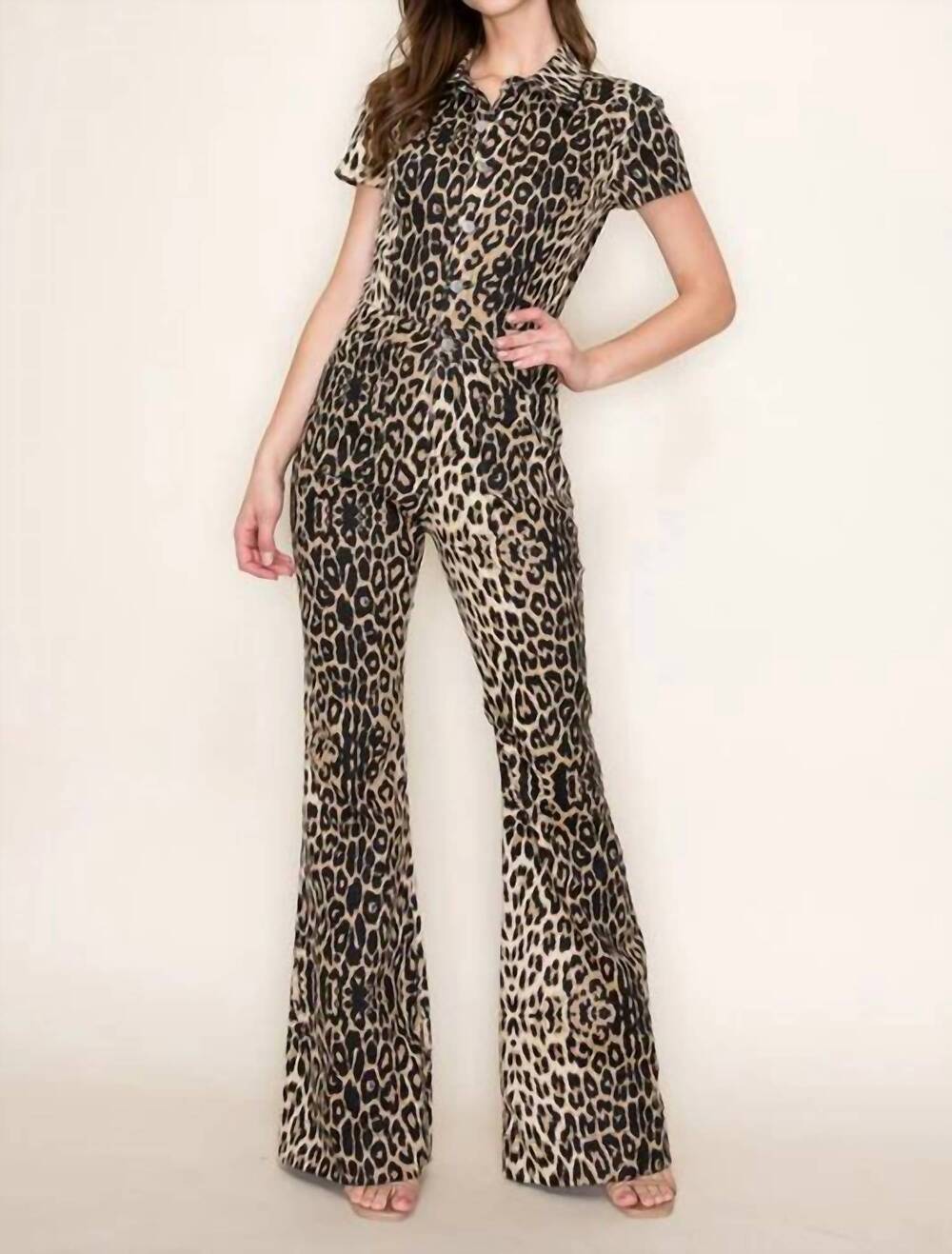 NEW WISTERIA LANE out in the wild denim jumpsuit in leopard print